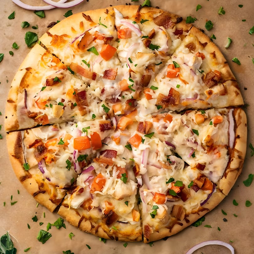 Sofiabella Pizzeria's white pizza with chicken, bacon, red onion, and tomatoes, garnished with parsley.